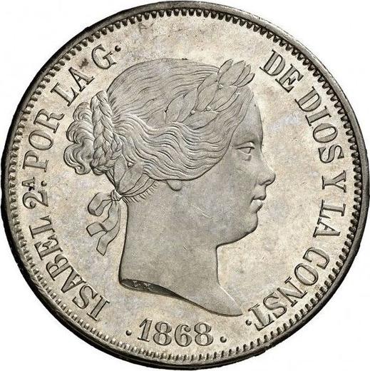 Аверс монеты - 2 эскудо 1868 года "Тип 1865-1868" Шестиконечные звёзды - цена серебряной монеты - Испания, Изабелла II