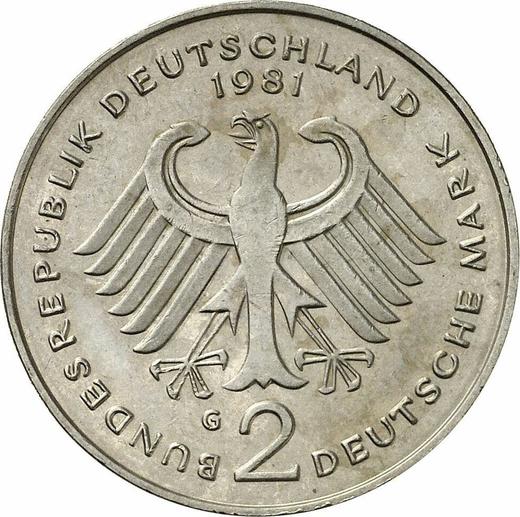 Rewers monety - 2 marki 1981 G "Theodor Heuss" - cena  monety - Niemcy, RFN