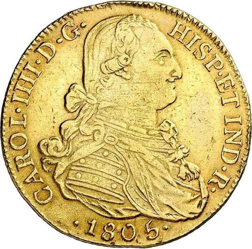 Аверс монеты - 8 эскудо 1805 года NR JJ - цена золотой монеты - Колумбия, Карл IV