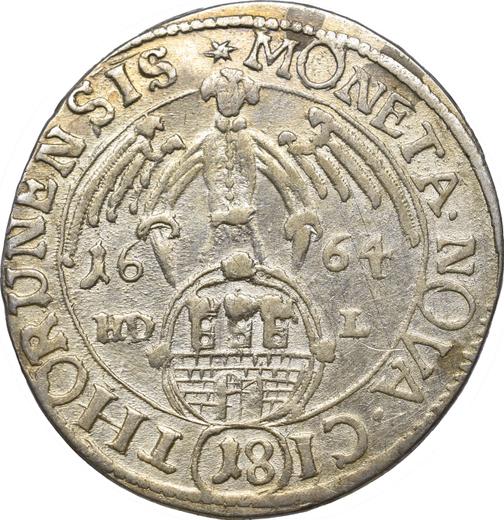 Rewers monety - Ort (18 groszy) 1664 HDL "Toruń" - cena srebrnej monety - Polska, Jan II Kazimierz