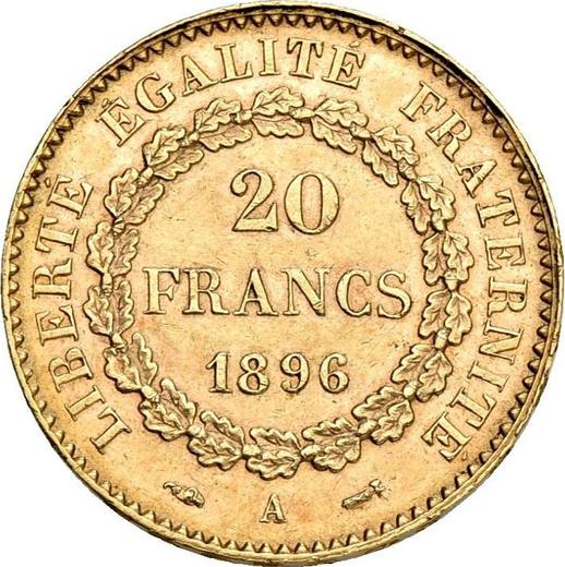 Awers monety - 20 franków 1896 A "Typ 1871-1898" Paryż Incuse - cena złotej monety - Francja, III Republika