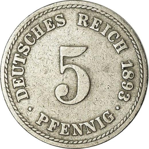 Аверс монеты - 5 пфеннигов 1893 года A "Тип 1890-1915" - цена  монеты - Германия, Германская Империя