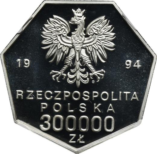 Anverso 300000 eslotis 1994 MW ET "70 aniversario del restablecimiento del Banco de Polonia" - valor de la moneda de plata - Polonia, República moderna