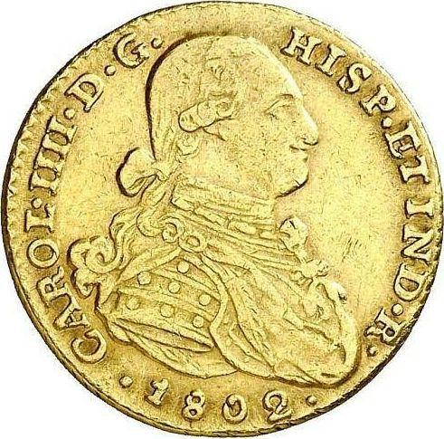 Аверс монеты - 2 эскудо 1802 года NR JJ - цена золотой монеты - Колумбия, Карл IV