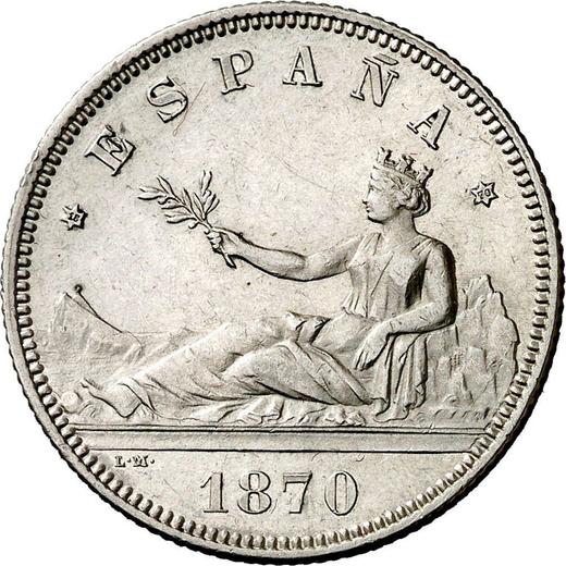 Аверс монеты - 2 песеты 1870 года SNM - цена серебряной монеты - Испания, Временное правительство