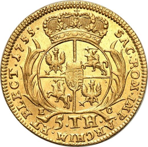 Rewers monety - 5 talarów (august d'or) 1755 EC "Koronny" - cena złotej monety - Polska, August III