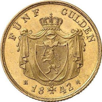 Reverso 5 florines 1842 C.V.  H.R. - valor de la moneda de oro - Hesse-Darmstadt, Luis II
