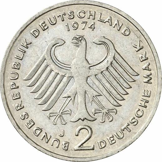 Reverse 2 Mark 1974 J "Konrad Adenauer" -  Coin Value - Germany, FRG