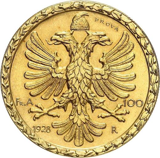 Reverso Pruebas 100 franga ari 1928 R Inscripción PROVA - valor de la moneda de oro - Albania, Zog I