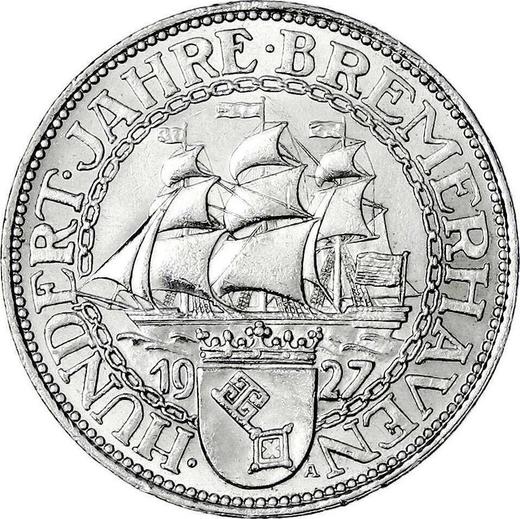 Reverso 5 Reichsmarks 1927 A "Bremerhaven" - valor de la moneda de plata - Alemania, República de Weimar
