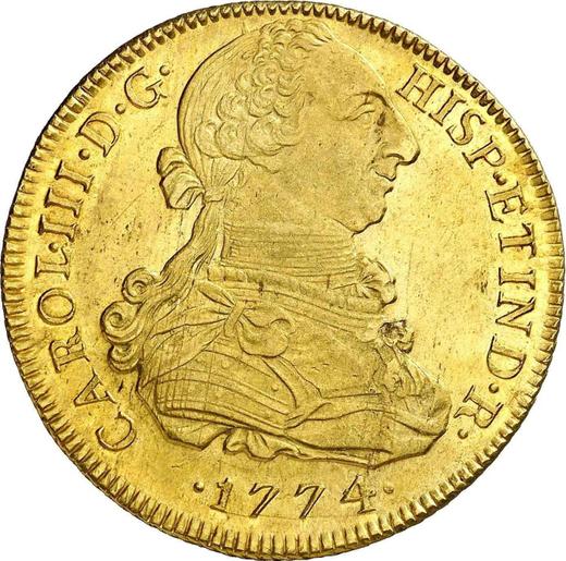 Anverso 8 escudos 1774 MJ - valor de la moneda de oro - Perú, Carlos III