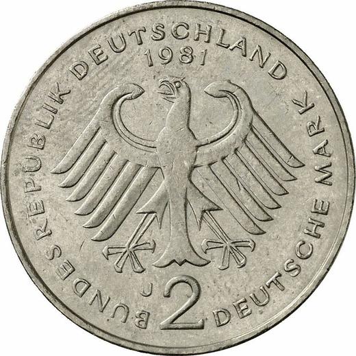 Reverse 2 Mark 1981 J "Theodor Heuss" -  Coin Value - Germany, FRG
