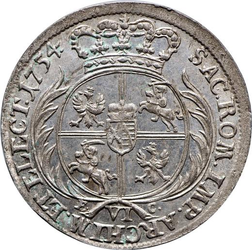 Reverso Szostak (6 groszy) 1754 EC "de corona" - valor de la moneda de plata - Polonia, Augusto III