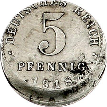 Аверс монеты - 5 пфеннигов 1915-1922 года Смещение штемпеля - цена  монеты - Германия, Германская Империя
