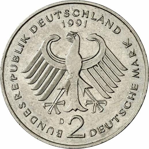 Reverso 2 marcos 1991 D "Kurt Schumacher" - valor de la moneda  - Alemania, RFA