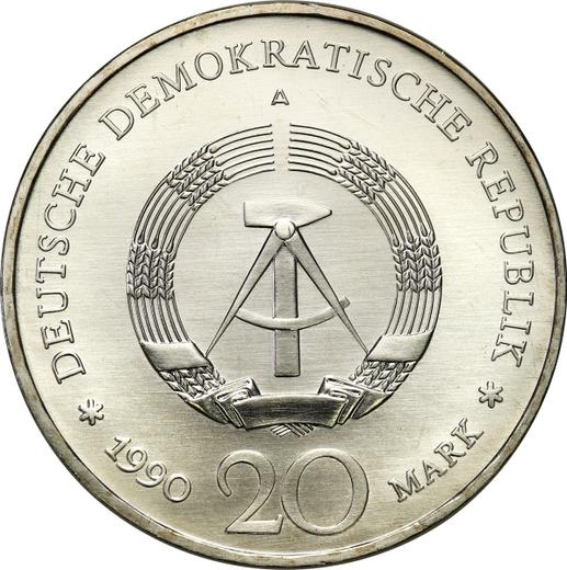 Reverso 20 marcos 1990 A "La Puerta de Brandeburgo" - valor de la moneda  - Alemania, República Democrática Alemana (RDA)