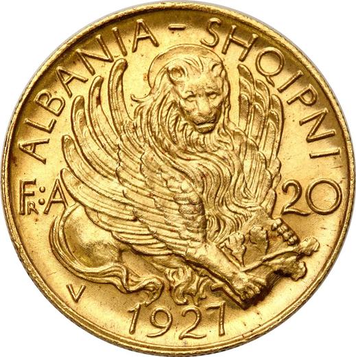 Reverso 20 franga ari 1927 V "Skanderbeg" - valor de la moneda de oro - Albania, Zog I
