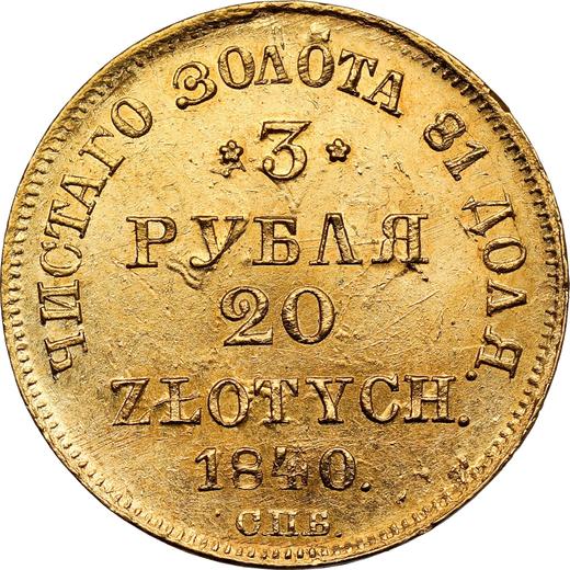 Reverso 3 rublos - 20 eslotis 1840 СПБ АЧ - valor de la moneda de oro - Polonia, Dominio Ruso