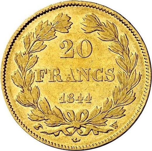 Reverse 20 Francs 1844 W "Type 1832-1848" Lille - Gold Coin Value - France, Louis Philippe I