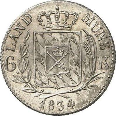 Rewers monety - 6 krajcarów 1834 - cena srebrnej monety - Bawaria, Ludwik I