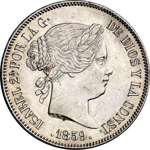 Аверс монеты - 20 реалов 1859 года Шестиконечные звёзды - цена серебряной монеты - Испания, Изабелла II