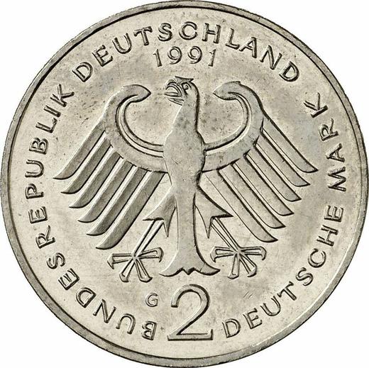 Reverse 2 Mark 1991 G "Kurt Schumacher" -  Coin Value - Germany, FRG