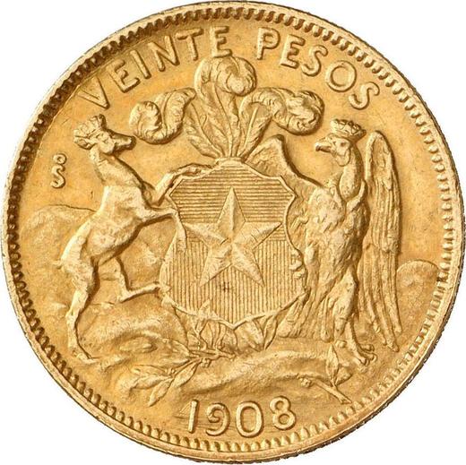 Reverso 20 Pesos 1908 So - valor de la moneda de oro - Chile, República