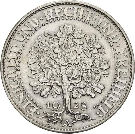 Reverso 5 Reichsmarks 1928 A "Roble" - valor de la moneda de plata - Alemania, República de Weimar