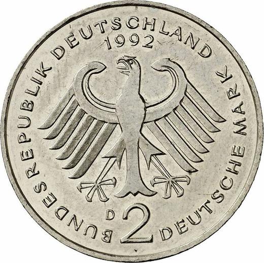 Reverso 2 marcos 1992 D "Kurt Schumacher" - valor de la moneda  - Alemania, RFA