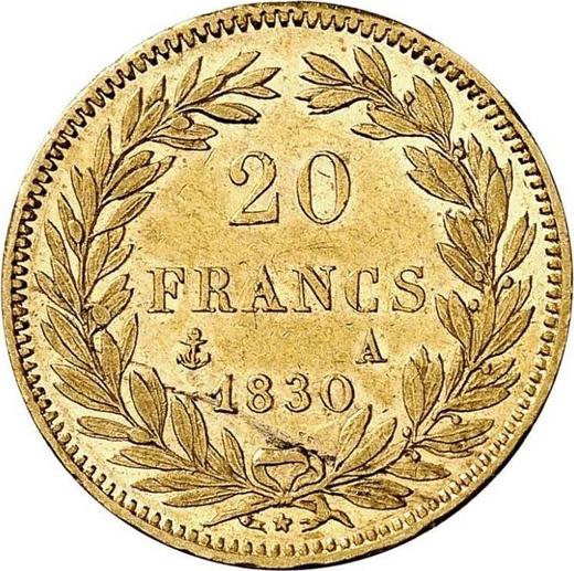 Rewers monety - 20 franków 1830 A "Rant wciśnięty" Paryż - cena złotej monety - Francja, Ludwik Filip I