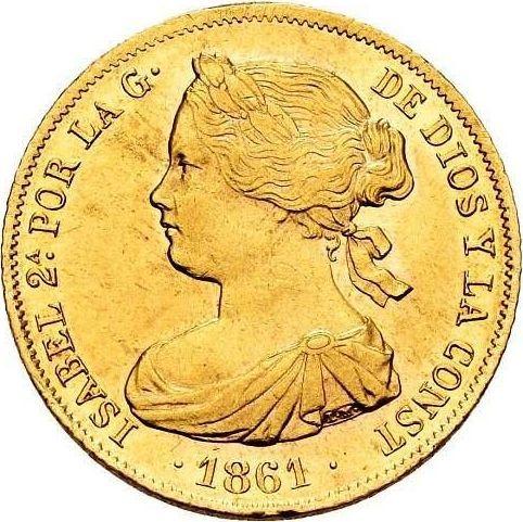 Аверс монеты - 100 реалов 1861 года Восьмиконечные звёзды - цена золотой монеты - Испания, Изабелла II