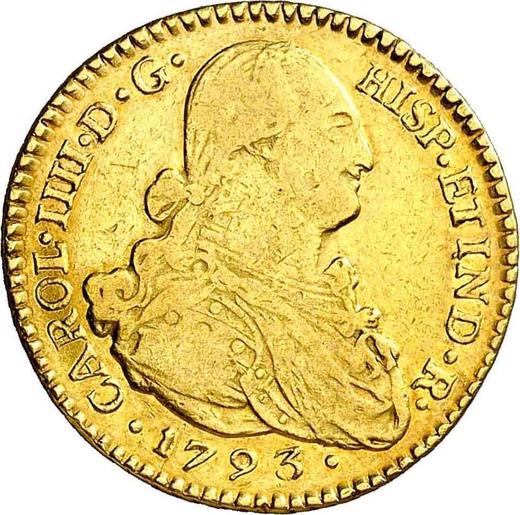 Awers monety - 2 escudo 1793 P JF - cena złotej monety - Kolumbia, Karol IV