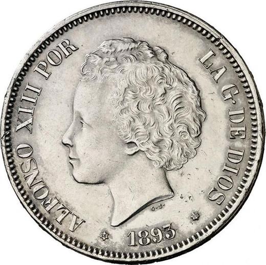 Аверс монеты - 5 песет 1893 года PGL - цена серебряной монеты - Испания, Альфонсо XIII