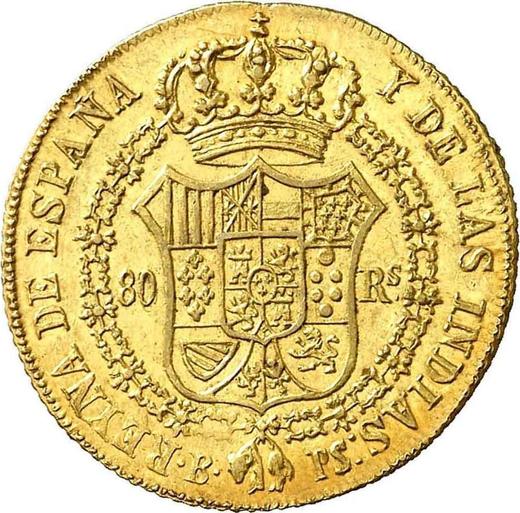 Rewers monety - 80 réales 1836 B PS - cena złotej monety - Hiszpania, Izabela II