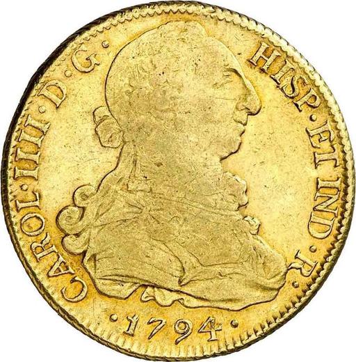 Awers monety - 8 escudo 1794 So DA - cena złotej monety - Chile, Karol IV