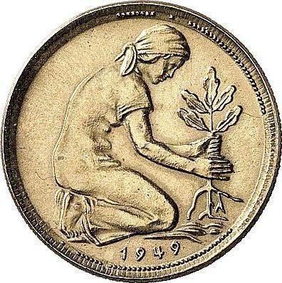 Реверс монеты - 50 пфеннигов 1949 года D "Bank deutscher Länder" Латунное покрытие Латунное покрытие - цена  монеты - Германия, ФРГ