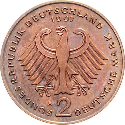 Rewers monety - 2 marki 1997 A "Willy Brandt" Miedź Rant gładki - cena  monety - Niemcy, RFN