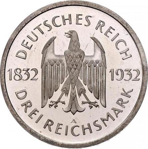 Аверс монеты - 3 рейхсмарки 1932 года A "Гёте" - цена серебряной монеты - Германия, Bеймарская республика