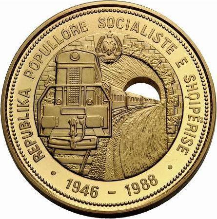 Реверс монеты - 7500 леков 1988 года "Железная дорога" - цена золотой монеты - Албания, Народная Республика
