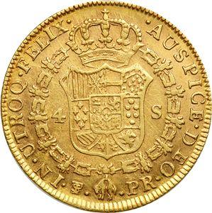 Реверс монеты - 4 эскудо 1785 года PTS PR - цена золотой монеты - Боливия, Карл III
