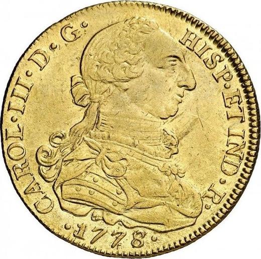 Аверс монеты - 8 эскудо 1778 года NR JJ - цена золотой монеты - Колумбия, Карл III