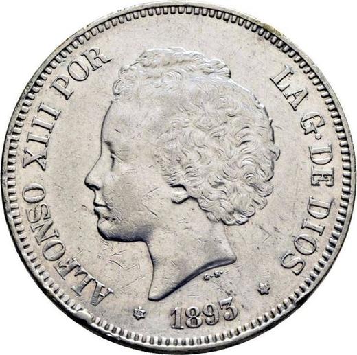 Аверс монеты - 5 песет 1893 года PGV - цена серебряной монеты - Испания, Альфонсо XIII