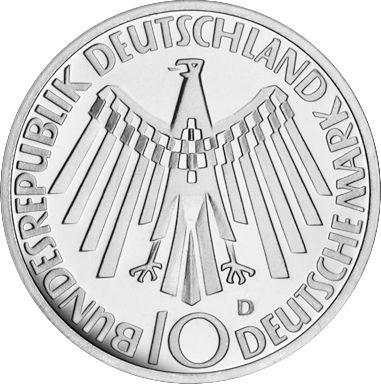 Rewers monety - 10 marek 1972 D "XX Letnie Igrzyska Olimpijskie" - cena srebrnej monety - Niemcy, RFN