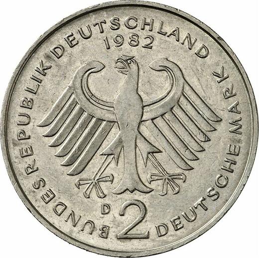 Rewers monety - 2 marki 1982 D "Theodor Heuss" - cena  monety - Niemcy, RFN