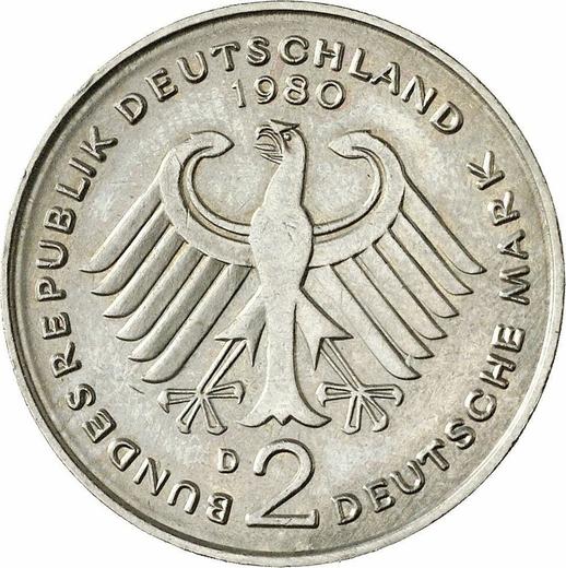 Reverso 2 marcos 1980 D "Kurt Schumacher" - valor de la moneda  - Alemania, RFA
