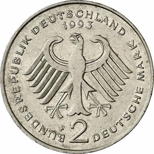 Reverse 2 Mark 1993 F "Franz Josef Strauss" -  Coin Value - Germany, FRG