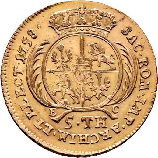 Реверс монеты - 5 талеров (1 августдор) 1758 года EC "Коронные" Прусская подделка - цена золотой монеты - Польша, Август III
