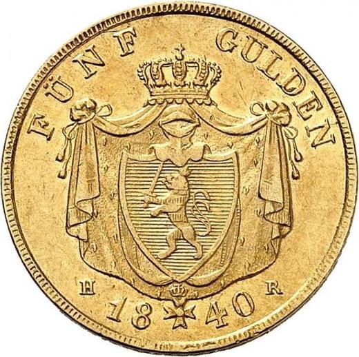 Rewers monety - 5 guldenów 1840 C.V.  H.R. - cena złotej monety - Hesja-Darmstadt, Ludwik II