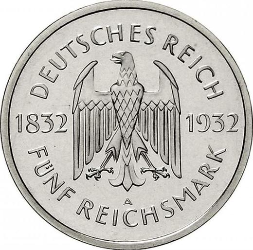 Аверс монеты - 5 рейхсмарок 1932 года A "Гёте" - цена серебряной монеты - Германия, Bеймарская республика