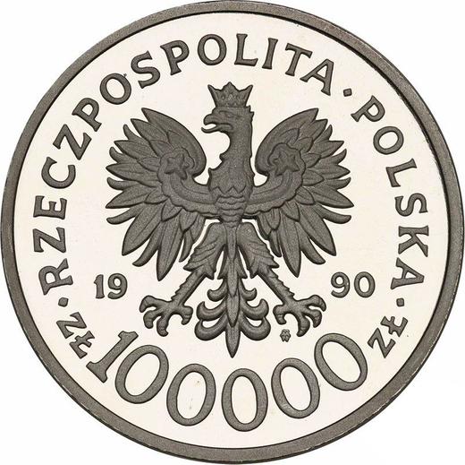 Аверс монеты - 100000 злотых 1990 года "10 лет профсоюзу "Солидарность"" - цена серебряной монеты - Польша, III Республика до деноминации